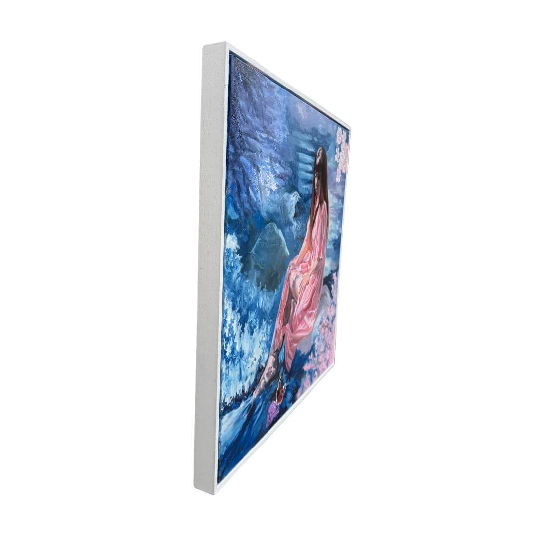 Left side view of Be True in a pale wooden float frame, showing the depth of the original canvas painting.