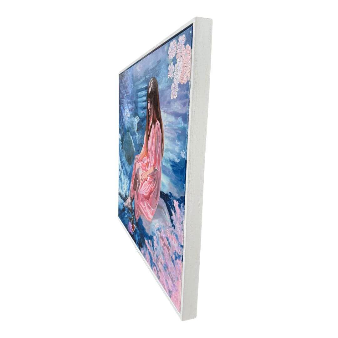 Right side view of the framed Be True oil painting, showing the canvas set within a pale wooden float frame.