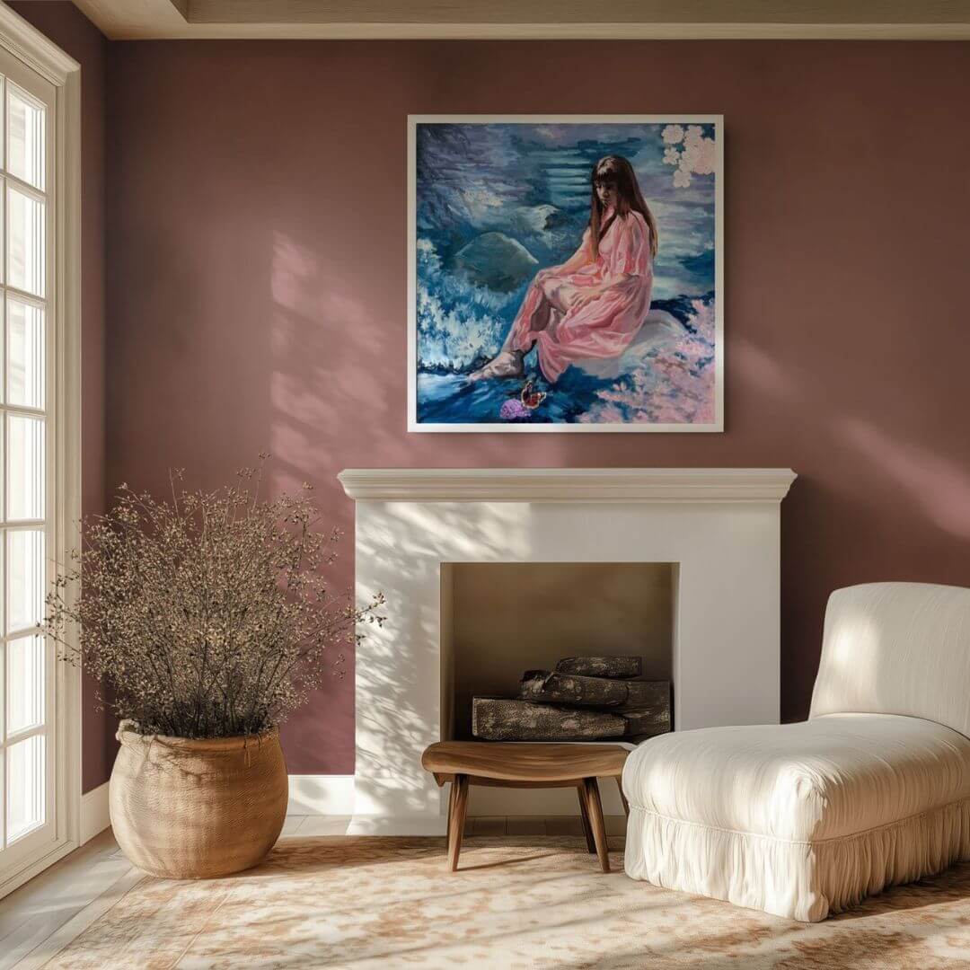 Framed Be True oil painting displayed above a fireplace in a warm, elegant living room with dusky pink walls.