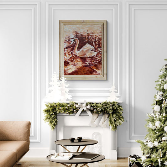 Living room with Christmas tree, wreath, and framed swan painting on a wall.