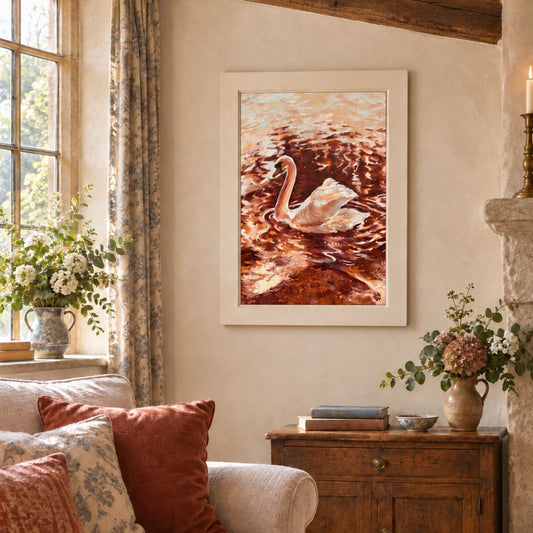 Original oil painting of a swan on the River Avon in Stratford-upon-Avon displayed in a soft neutral cottage interior.