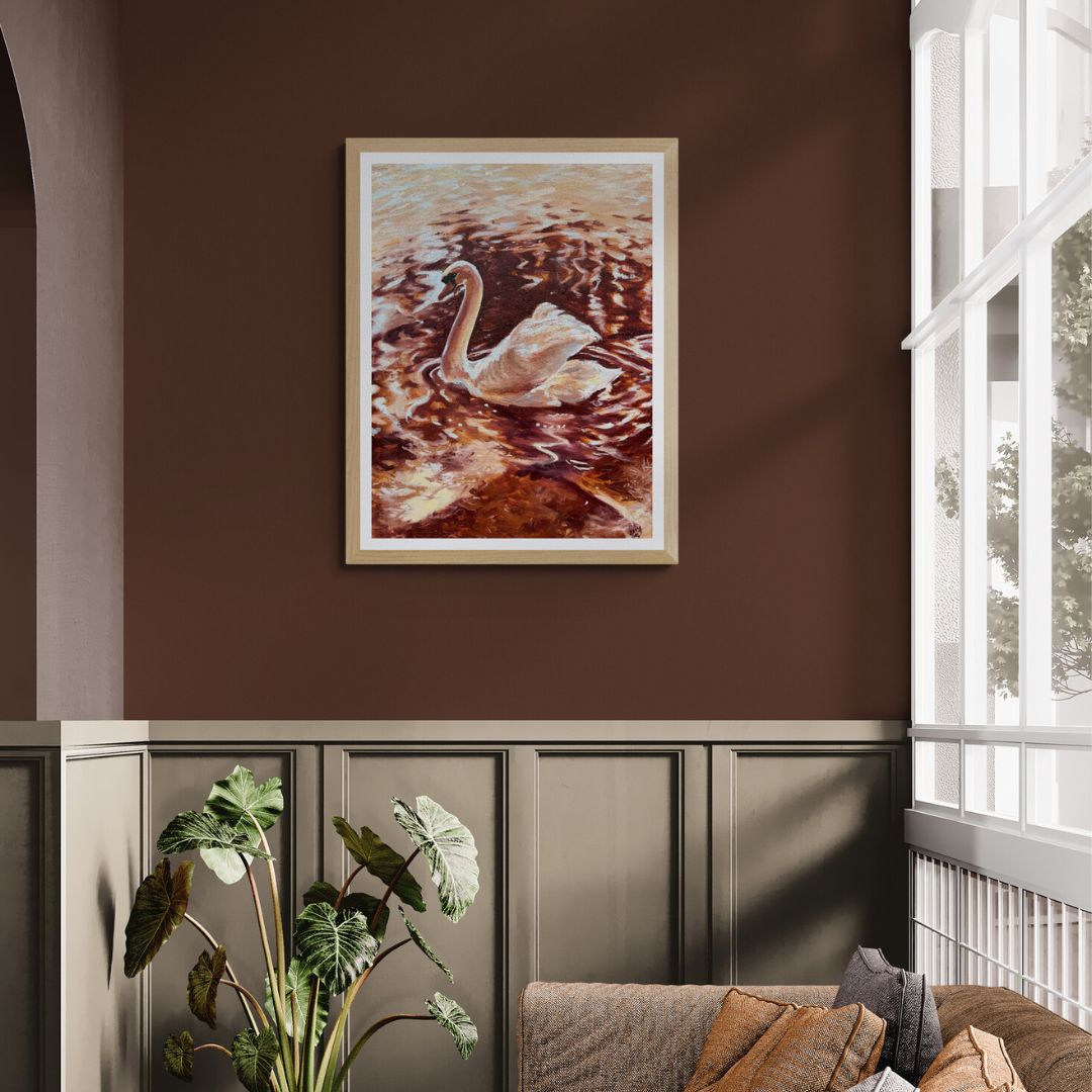 Becoming Grace Swan Art Print in room mockup by sofa and window
