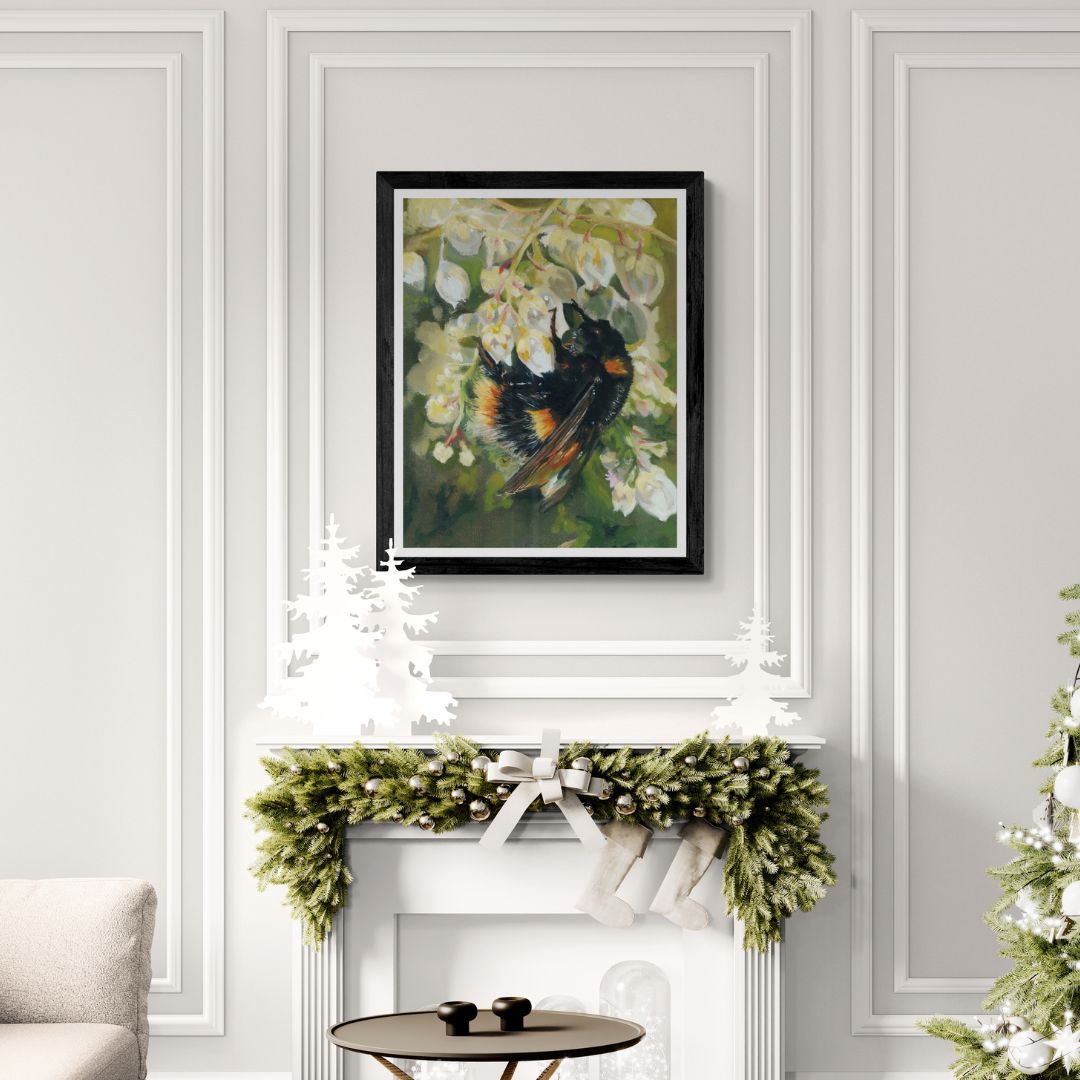 Bumble Bee Wall Art in black frame in Christmas themed room setting