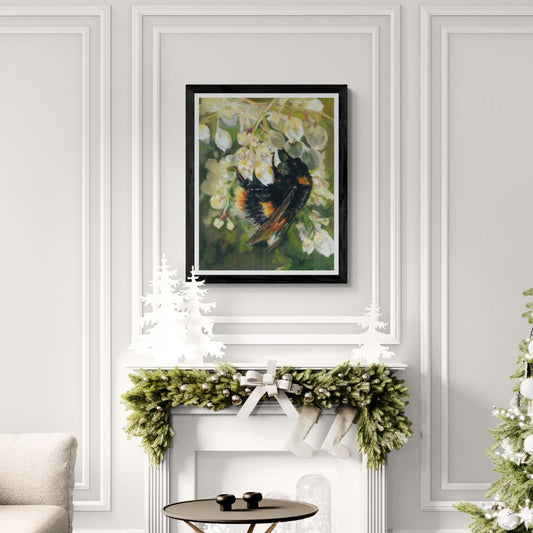 Bumble Bee Wall Art in black frame in Christmas themed room setting