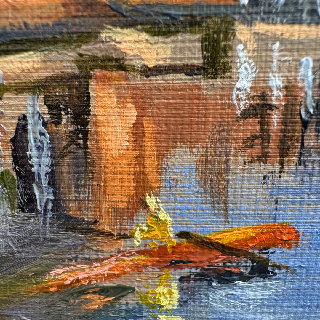Close-up of impressionistic figure reflected in water in an oil painting of Stratford-upon-Avon, with palette knife textures and layered paint capturing movement and light.