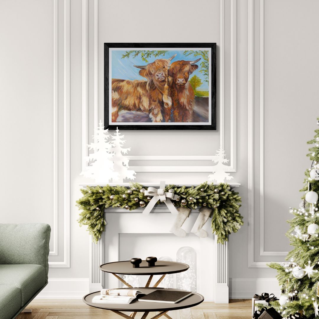 Highland cows art print in black frame option in Christmas room setting