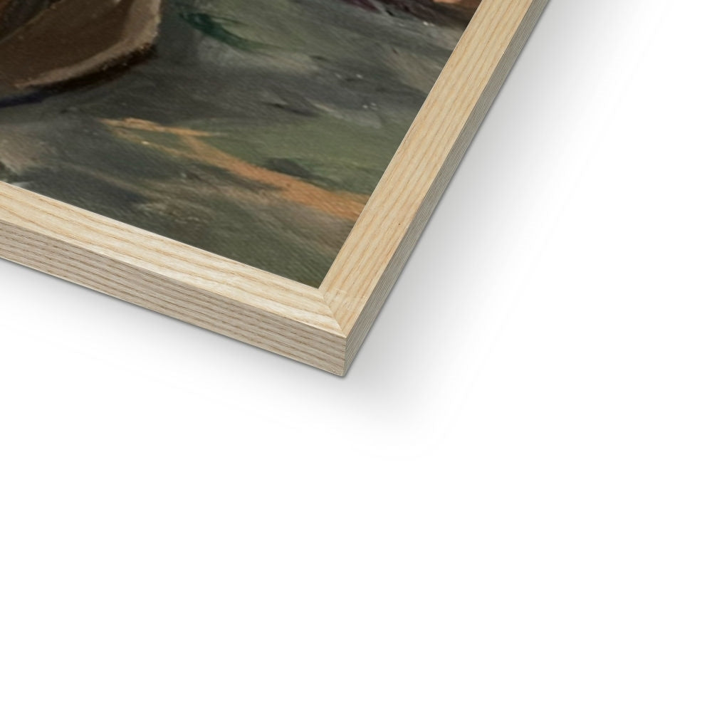 Close-up of a wooden frame with a cattle print inside on a white background