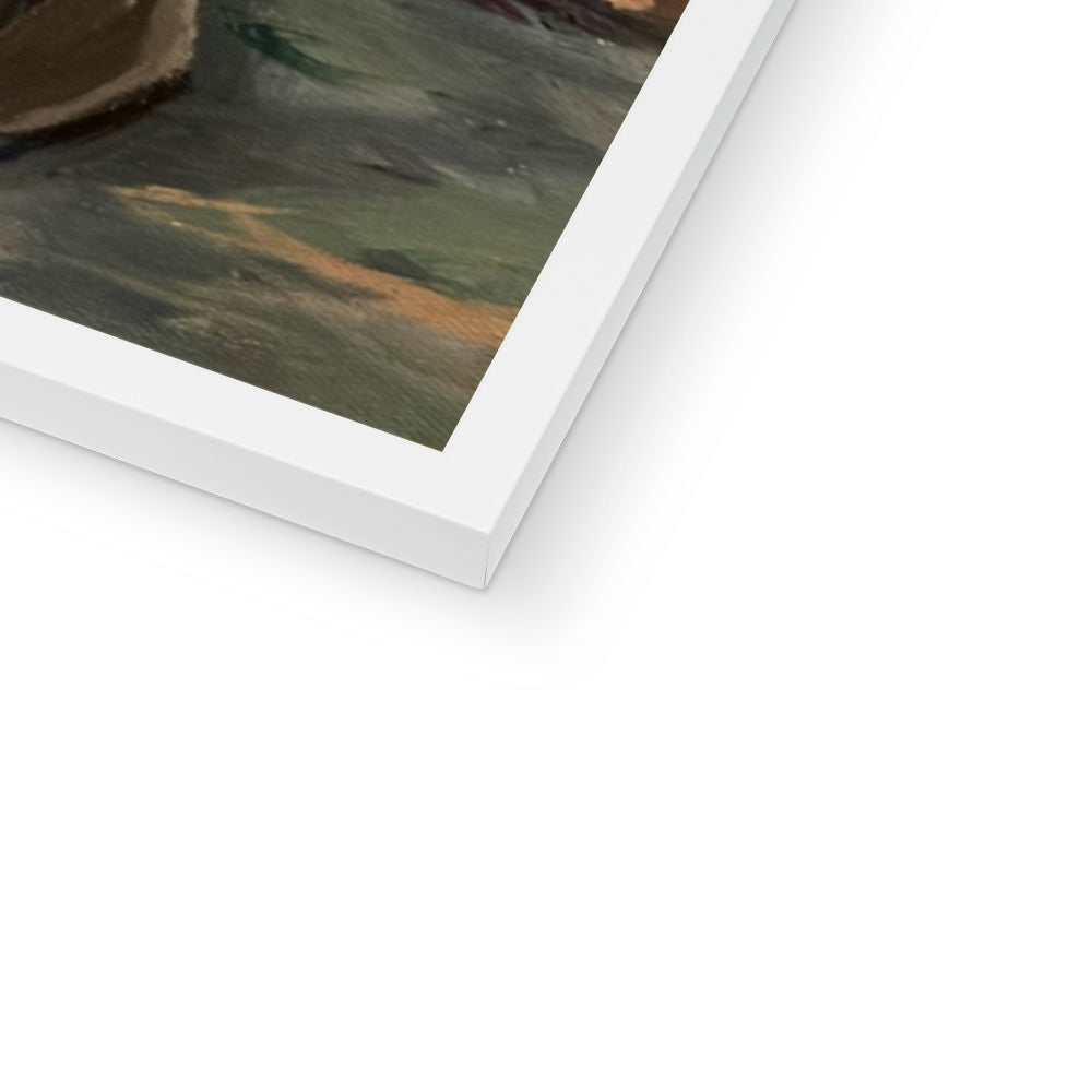 Close-up of a framed dairy cow painting with a white frame on a white background