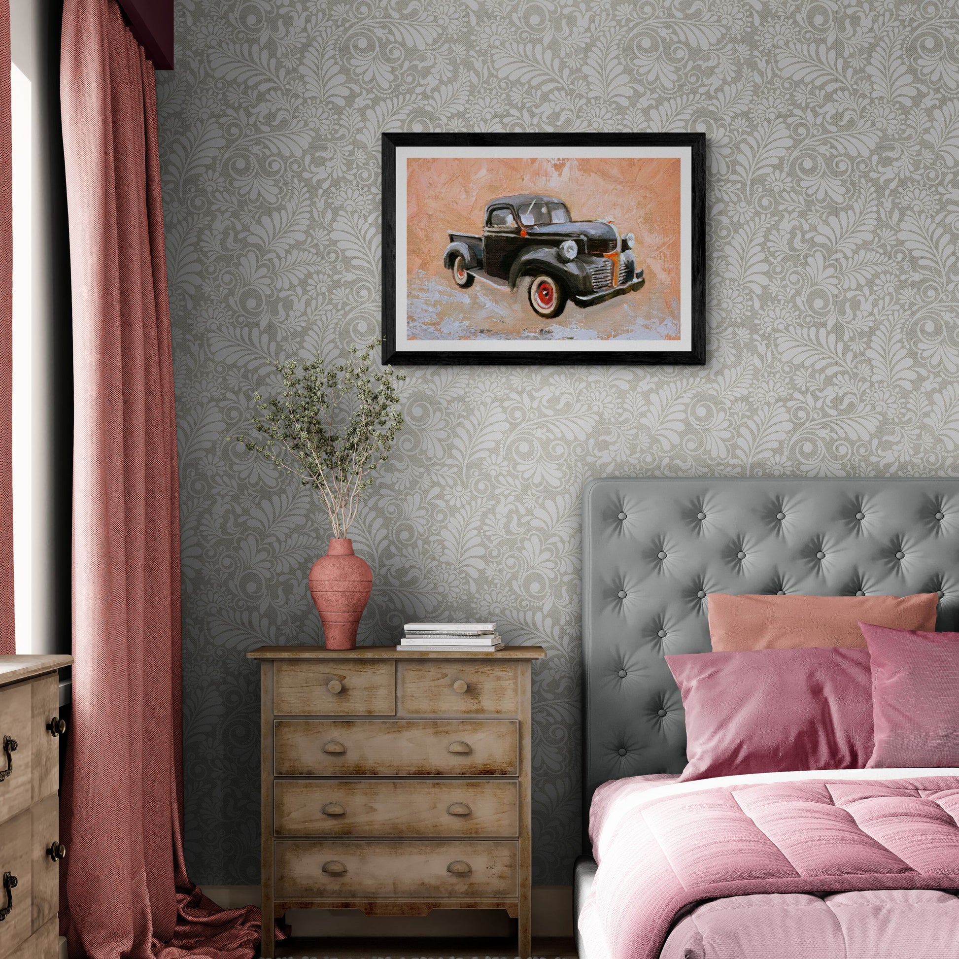Vintage art print of a classic Dodge car, showcasing its retro design. This fine art piece highlights the iconic curves and vibrant colours of the vintage Dodge, set against a stylish background. 