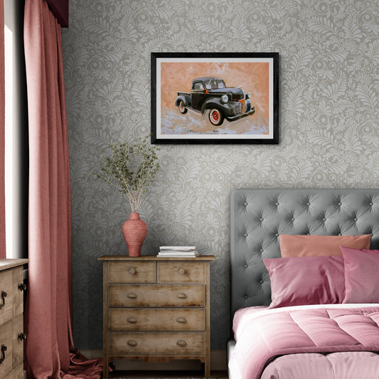 Vintage art print of a classic Dodge car, showcasing its retro design. This fine art piece highlights the iconic curves and vibrant colours of the vintage Dodge, set against a stylish background. 