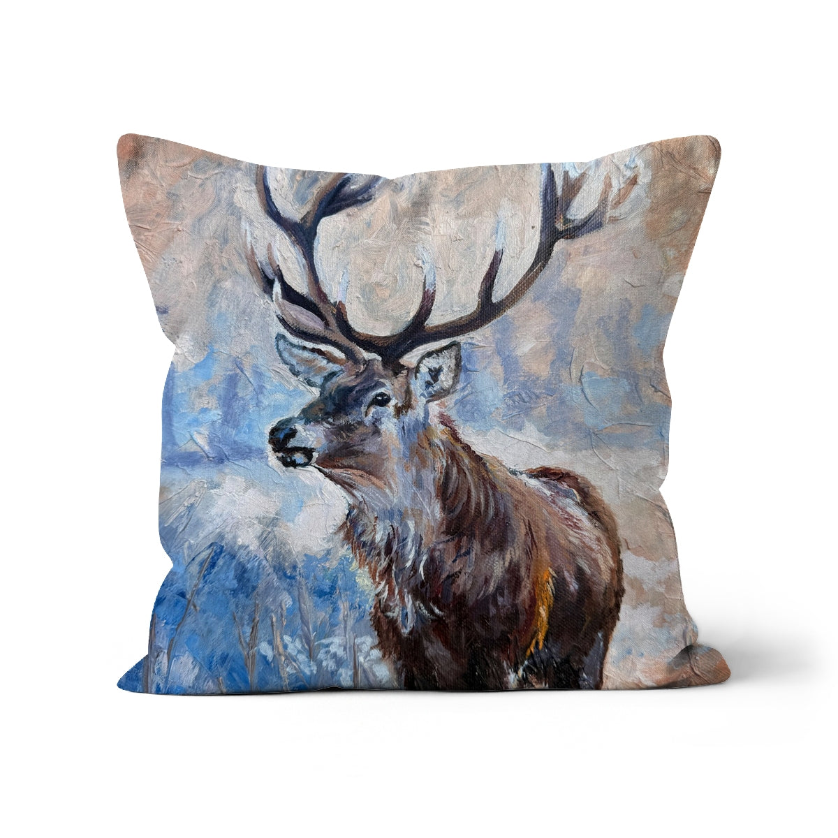 Close-up of 'Echoes of the Wild' cushion showing the fine texture and detail of the stag artwork.