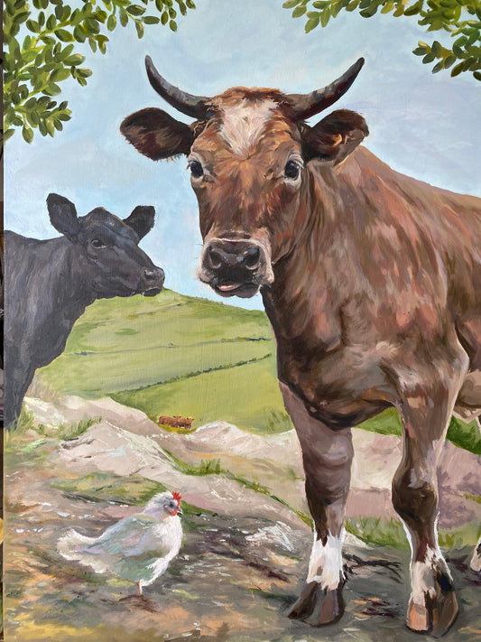 Artwork featuring two comical cows and their chicken friend, radiating countryside charm and mischievous humour.