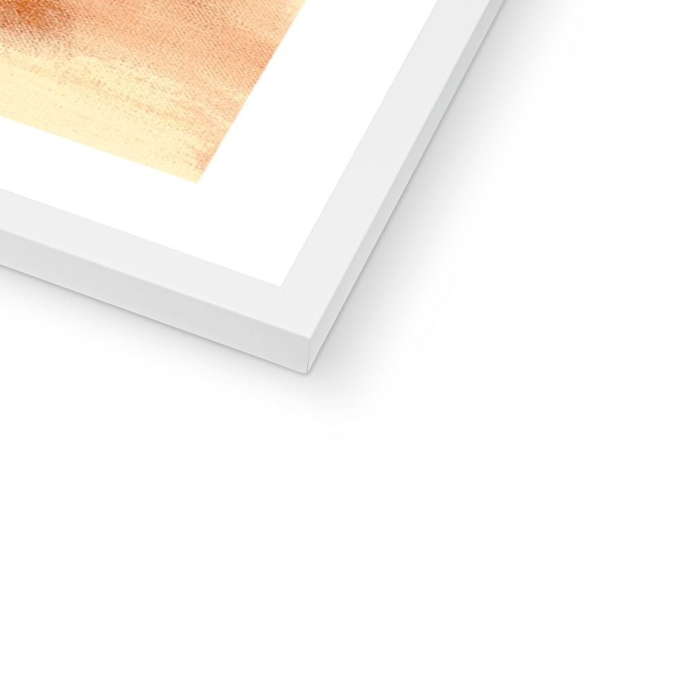 Close up of corner of Highland Cow print in white frame option on white background