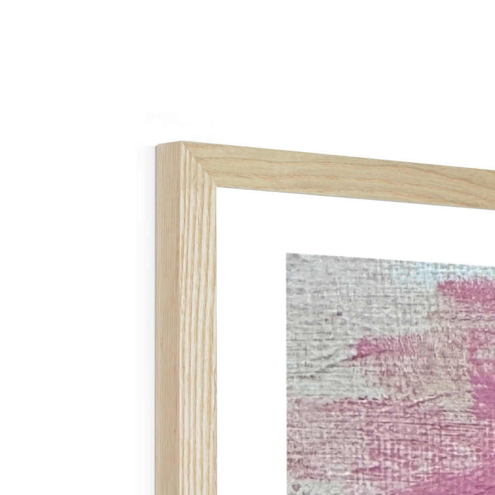 Close-up of the Playful Pheasant art print in a natural wood frame, adding warmth to the colorful and playful bird design on a pastel background