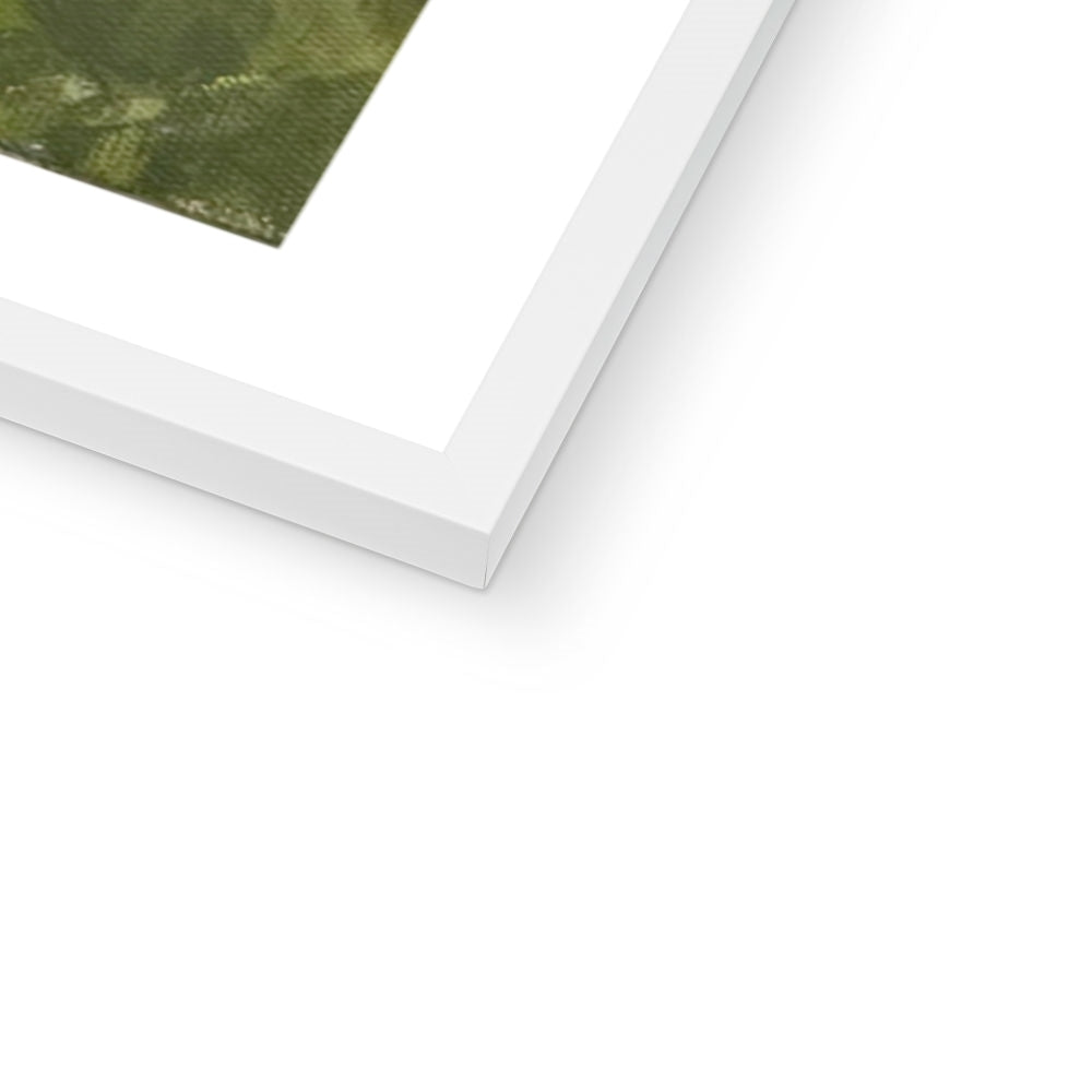 Close-up of a white frame horse art print with a green artwork background