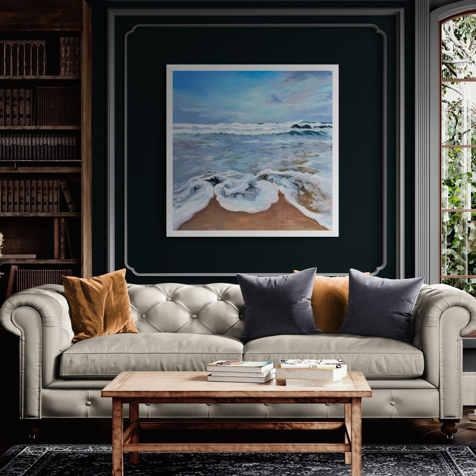 Original oil painting of frothy sea waves washing onto golden sand at Porthminster Beach in St Ives, Cornwall. Soft blues, whites, and pastels evoke a sense of calm, nostalgia, and gentle renewal.