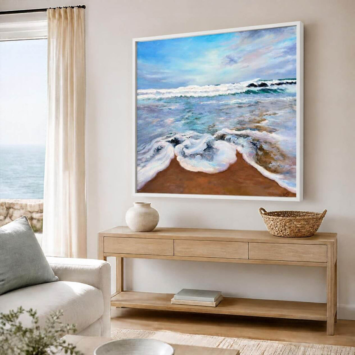 Original Cornwall seascape painting inspired by peaceful waves and sea light in St Ives.