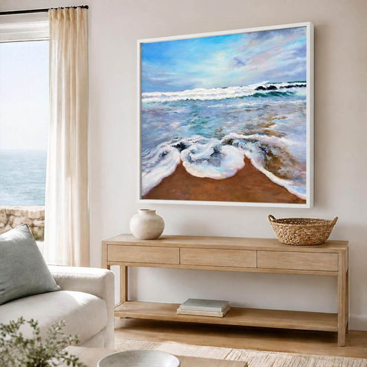 Original Cornwall seascape painting inspired by peaceful waves and sea light in St Ives.