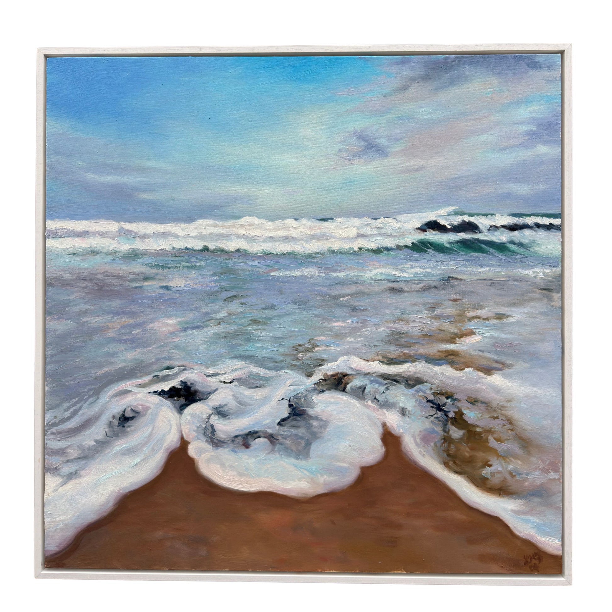 Framed original oil painting from Porthminster beach with frothy waves and light blue pastel sky.