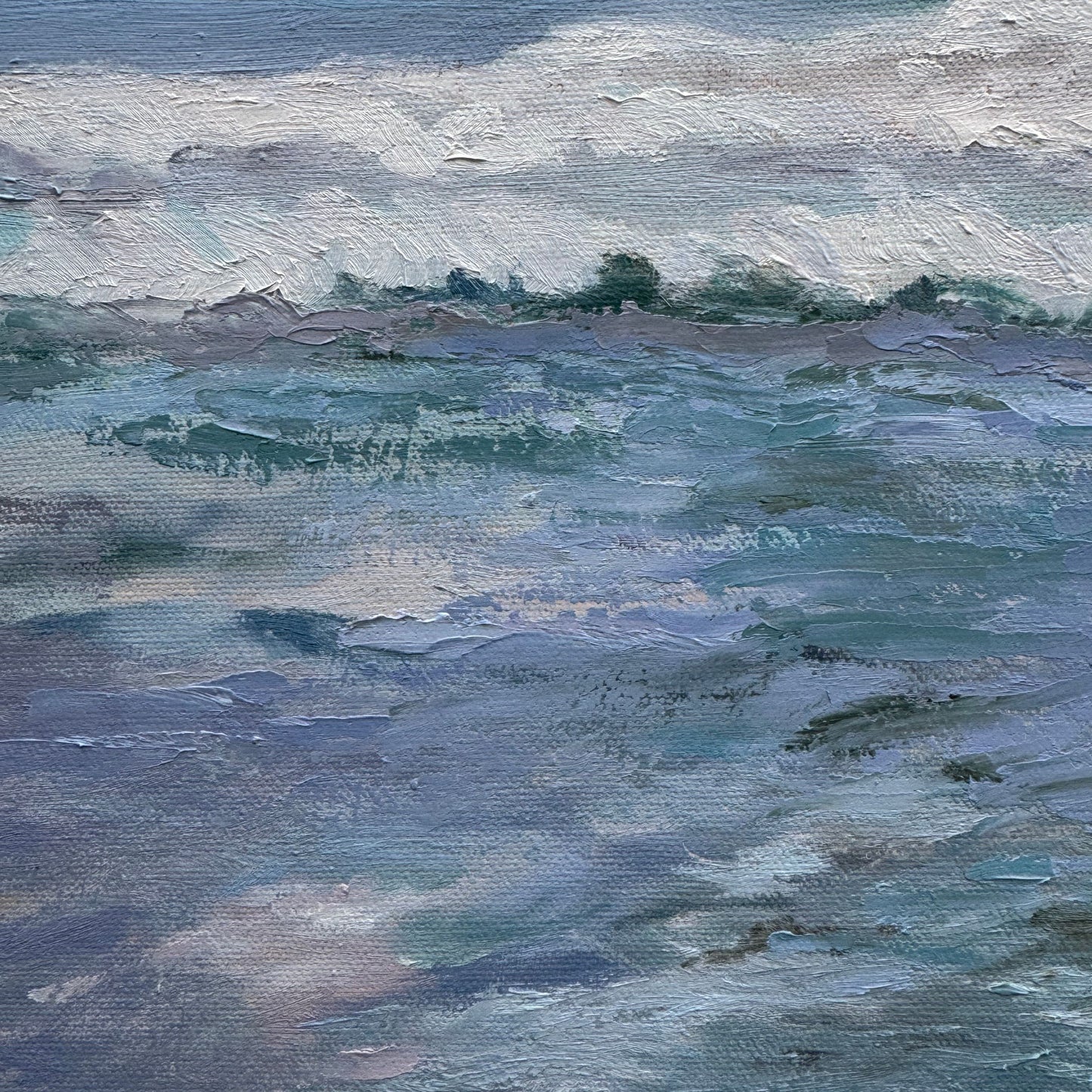 Close up of textured brushstrokes of Frothy Seas oil painting in blue and grey tones