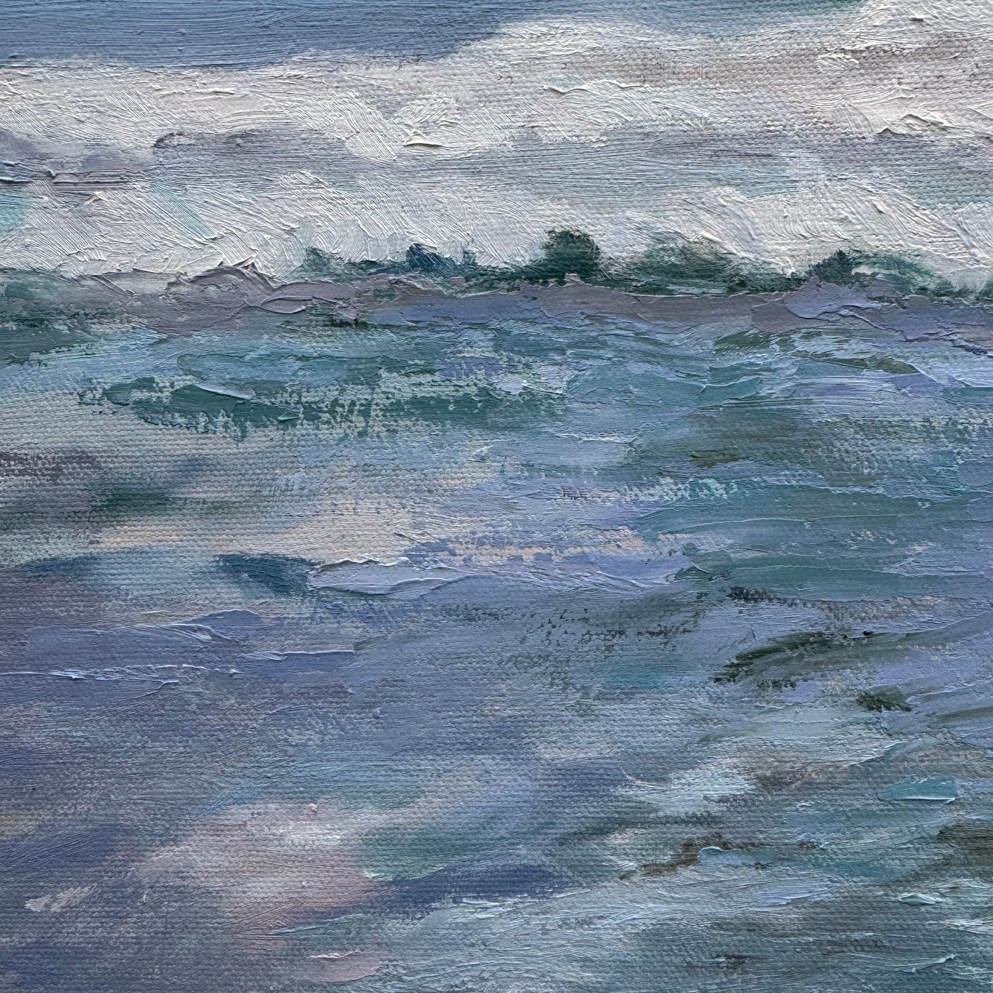 Close up of textured brushstrokes of Frothy Seas oil painting in blue and grey tones