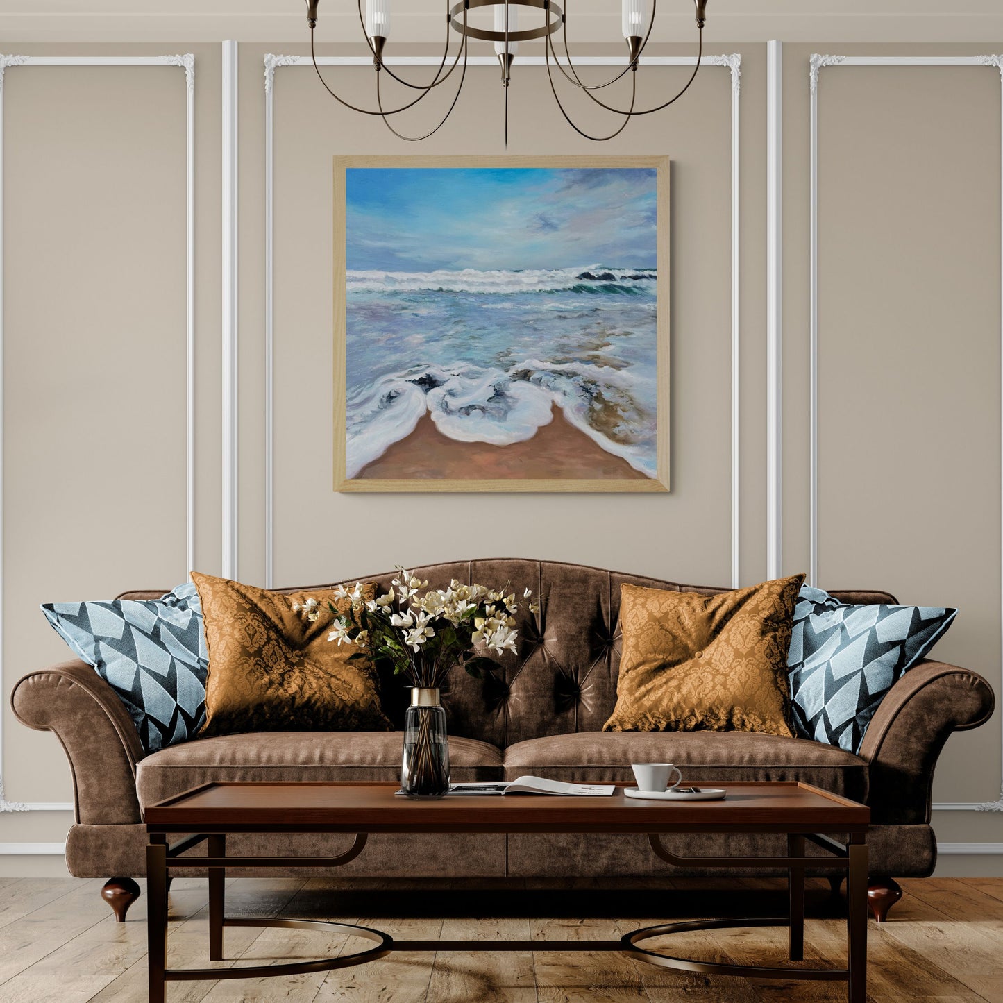 Frothy seas art print of Porthmister Beach in natural wood frame option above dark beige sofa 