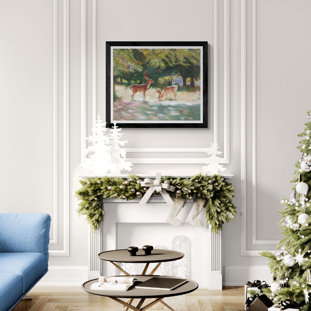 Deer art print in Christmas room setting