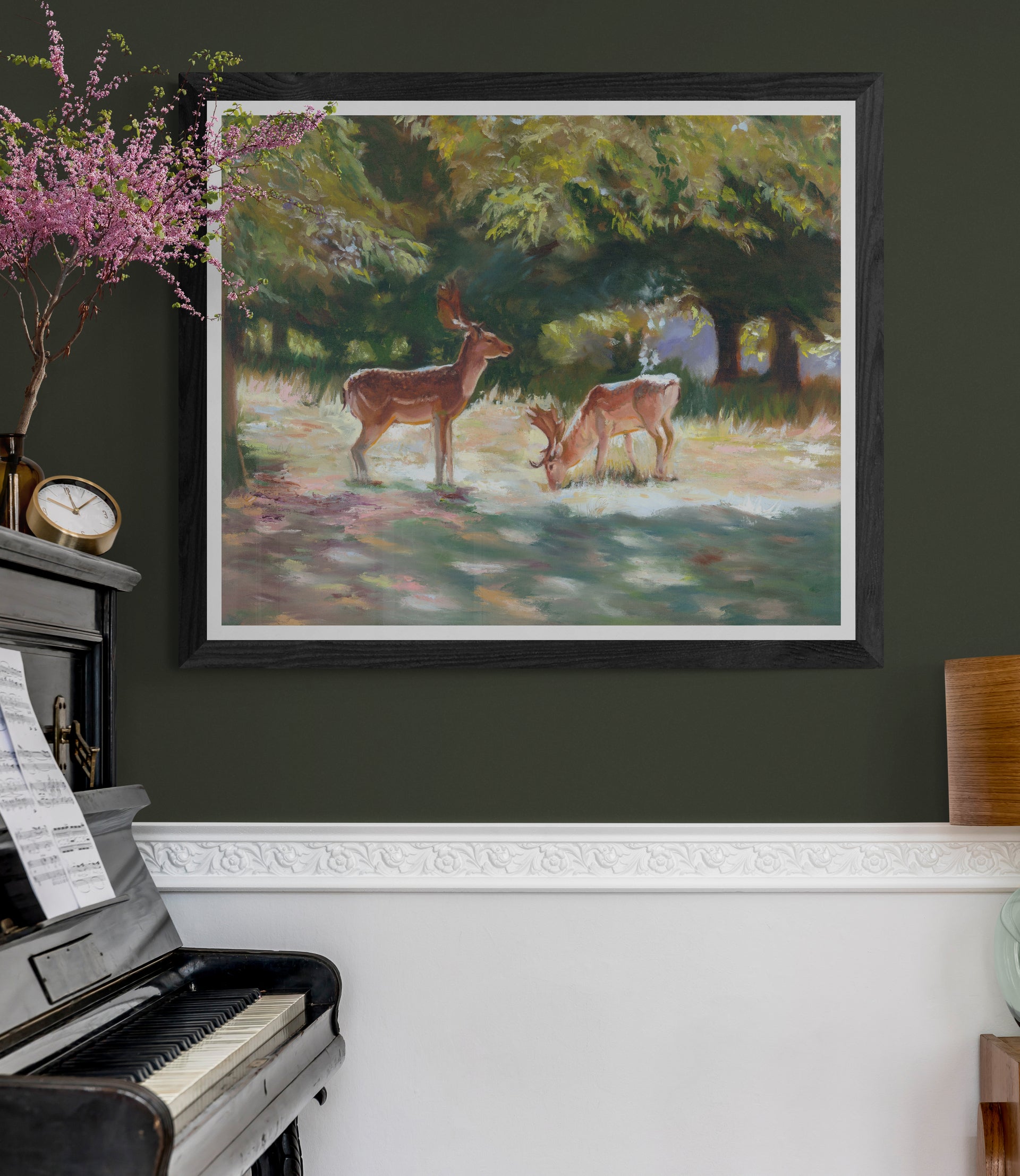 Deer at Charlecote  - Countryside Print above black piano