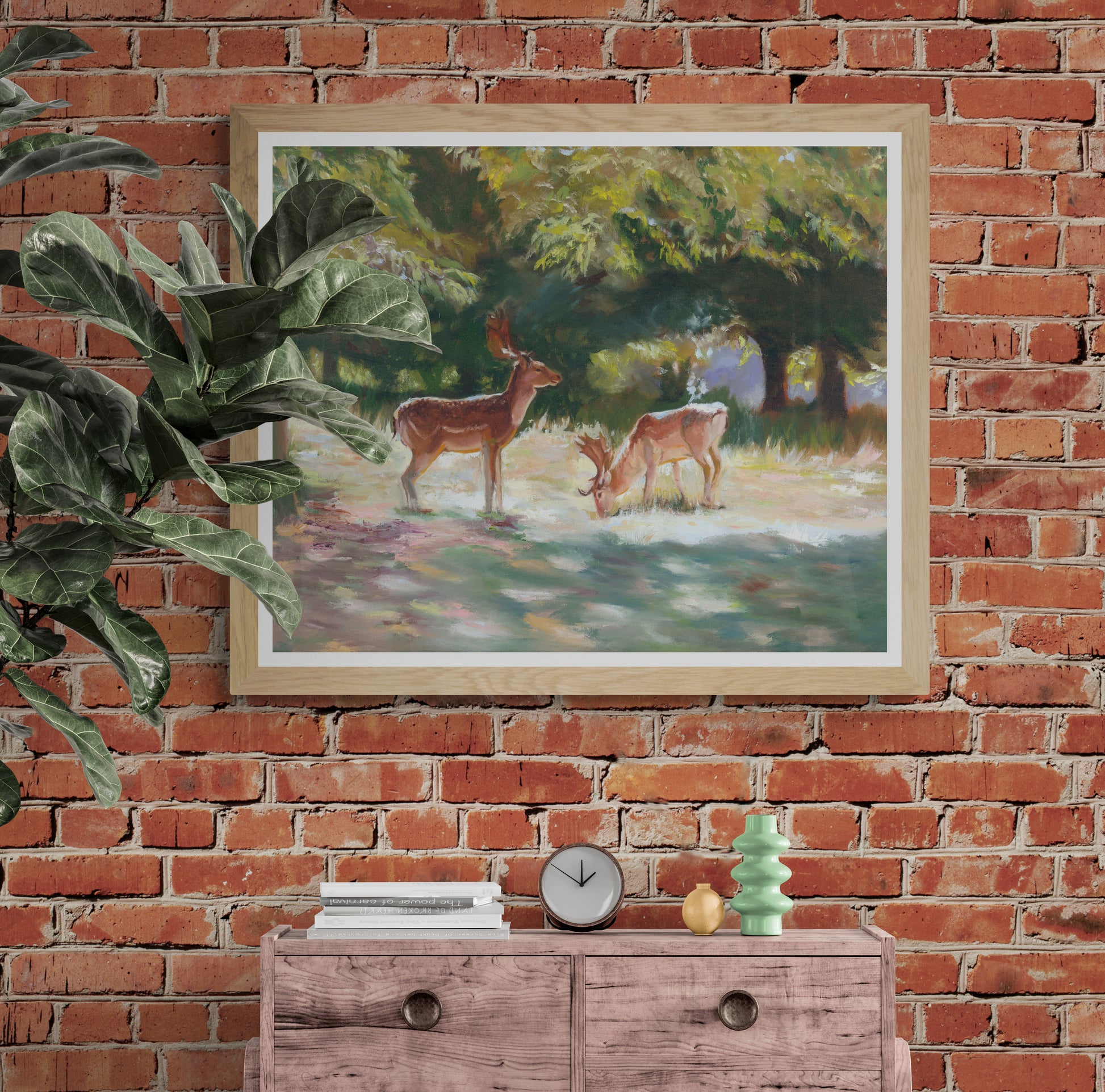 Deer picture in natural frame option on brick wall