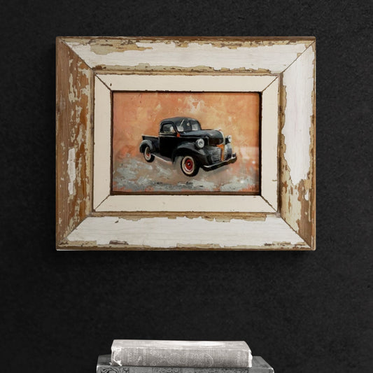 Oil painting of a vintage Dodge truck, framed in rustic reclaimed wood, capturing timeless automotive charm and retro style.