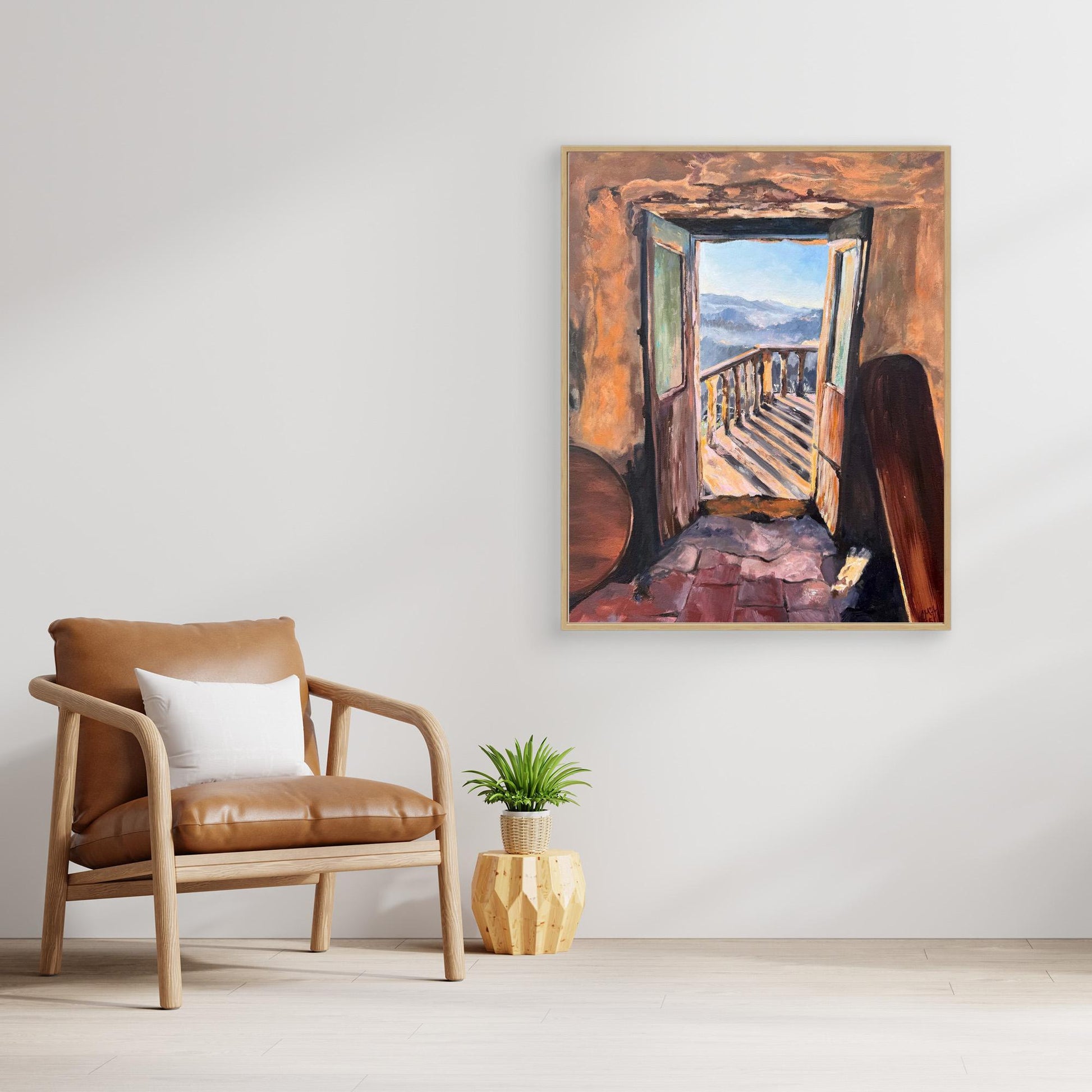 Nostalgic Italian doorway artwork in warm oak frame for a calm, reflective home.