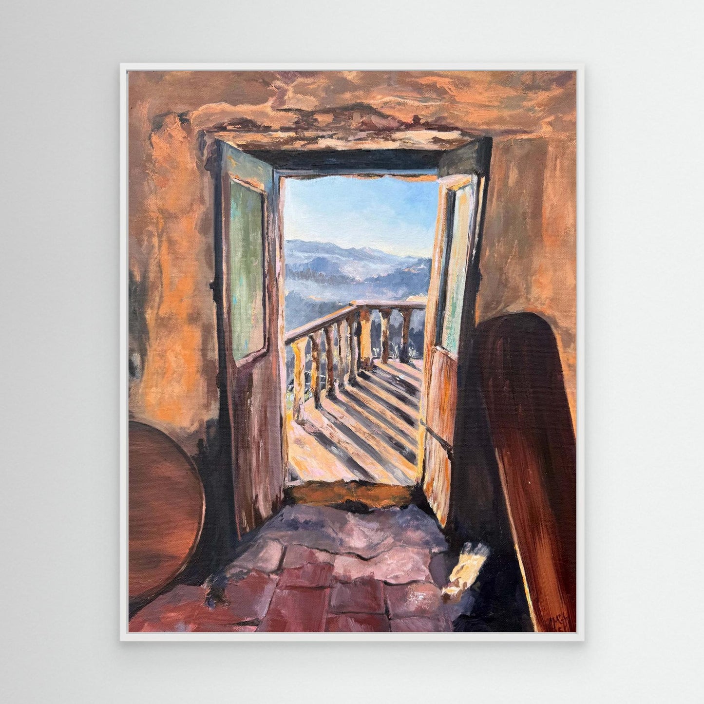 Doorway to Freedom framed canvas print in white wooden frame inspired by an Italian courtyard and new beginnings