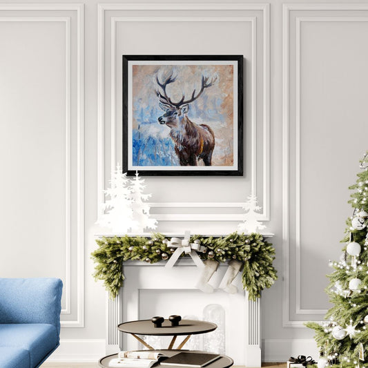 Echoes of the Wild Winter Stag Print in black frame in Christmas room mockup