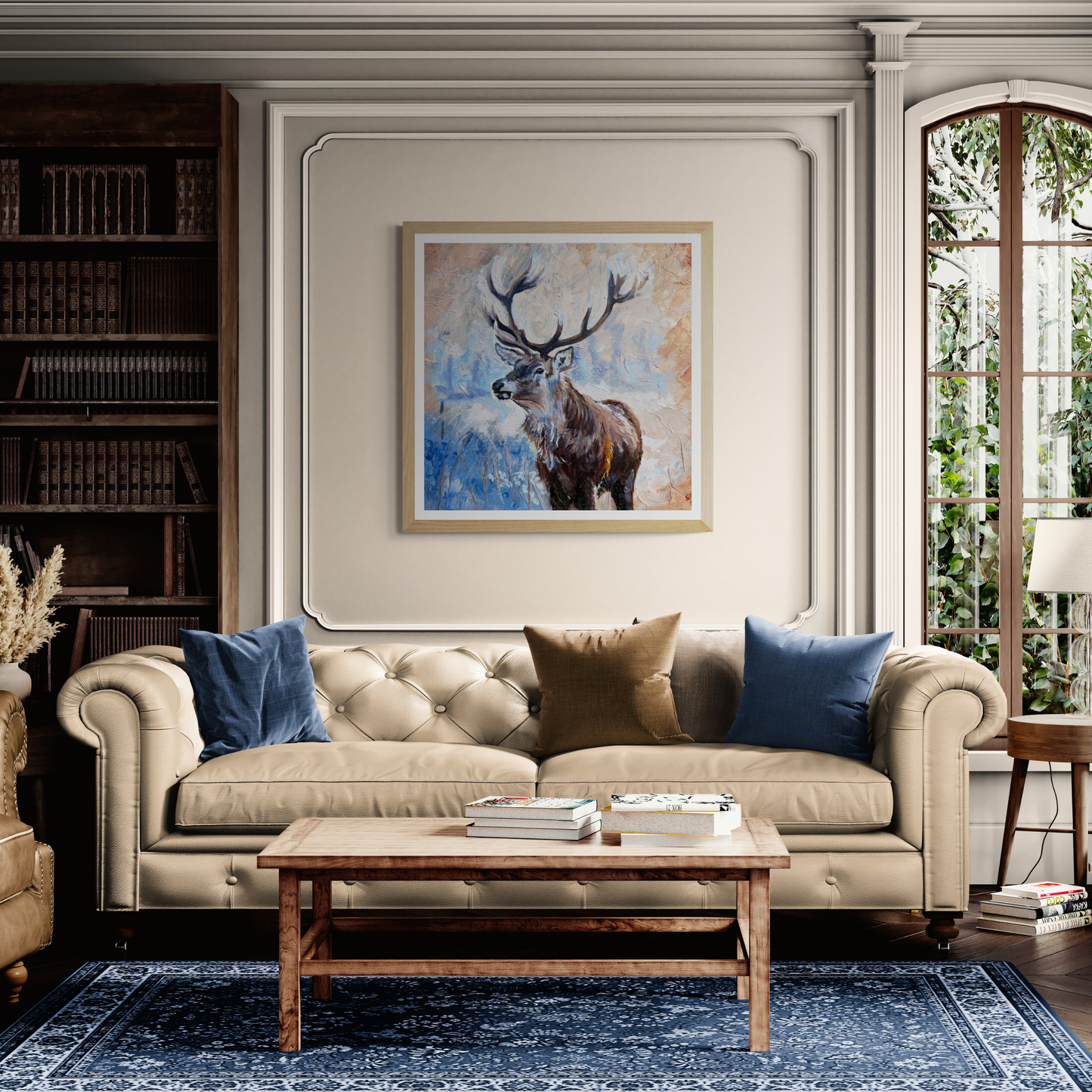Living room with beige sofa, wooden coffee table, and stag print with neutral frame on wall