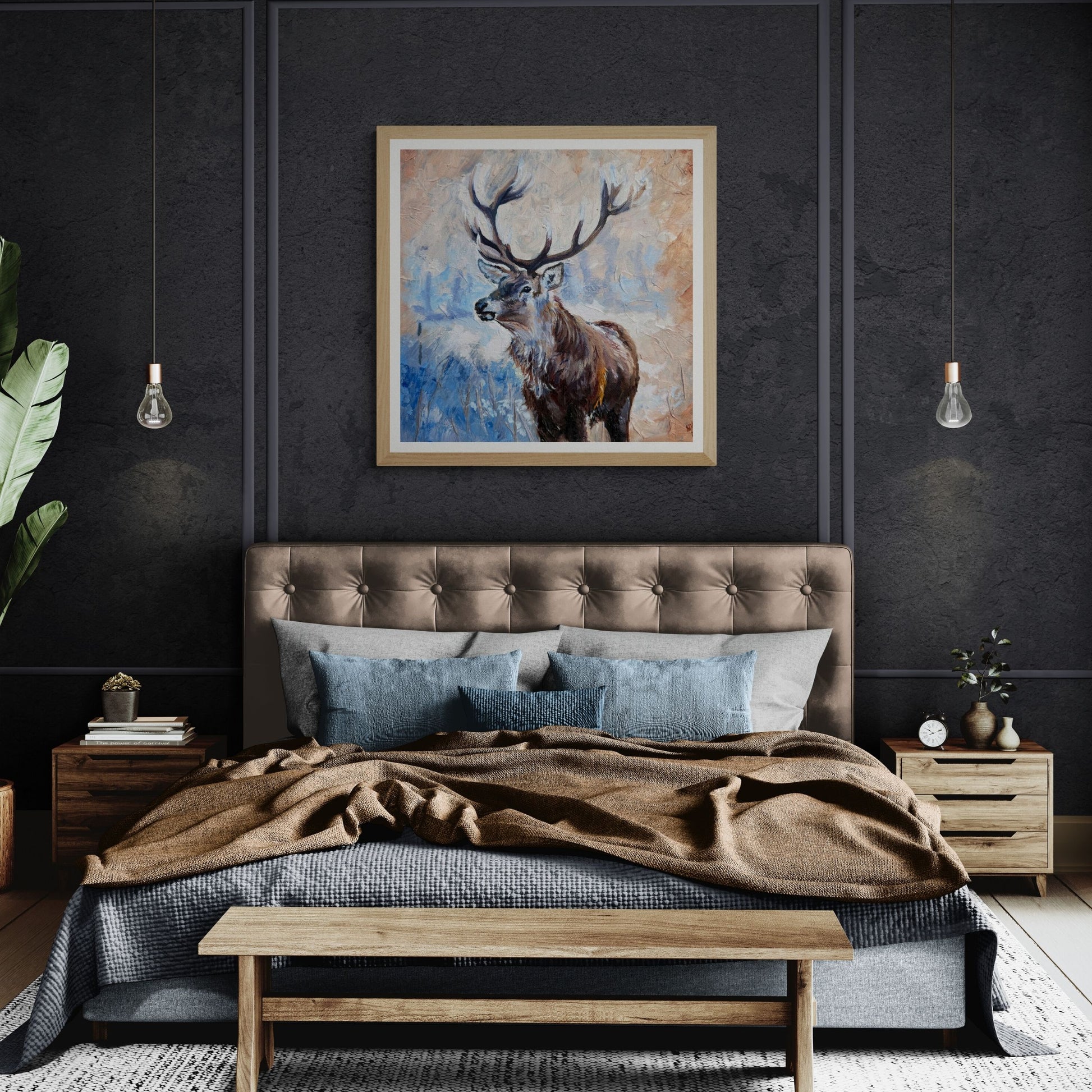 Echoes of the Wild Winter Stag Print in natural frame in bedroom room mockup