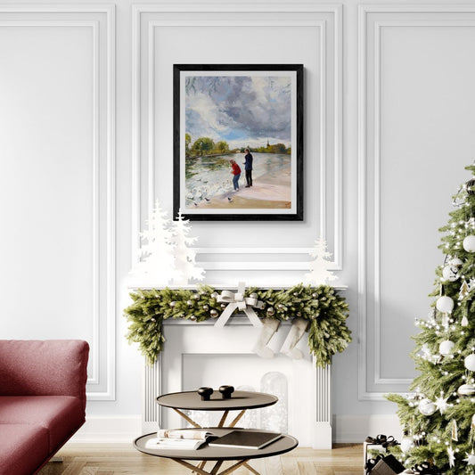 Feeding Swans in Stratford Upon Avon along the River Avon Fine art print in black frame by Lorraine Field Artist