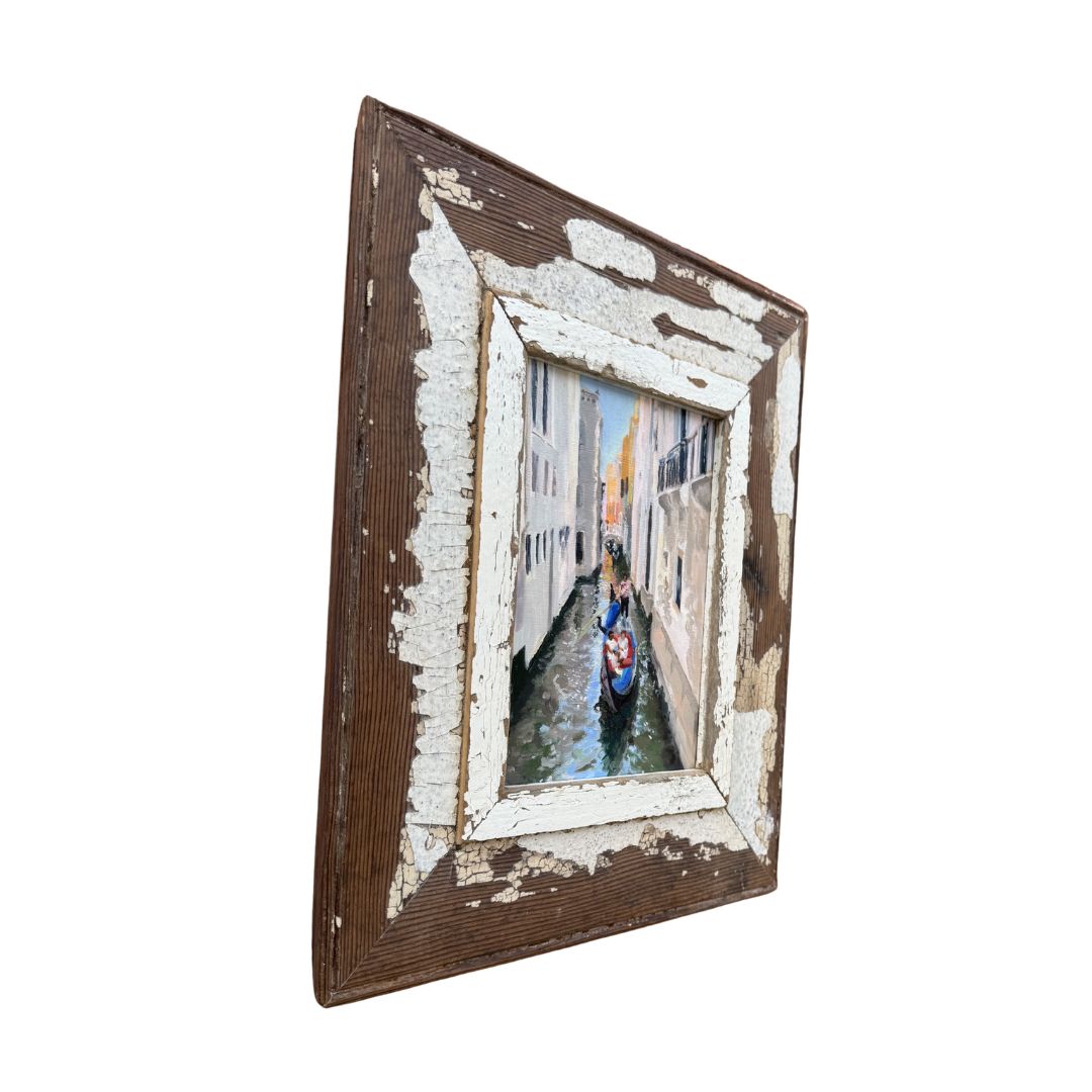 Side view of original Venice gondola oil painting in reclaimed rustic wooden frame