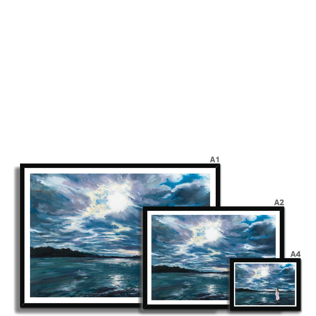 Set of framed artworks depicting a dramatic seascape scene with water and sky.
