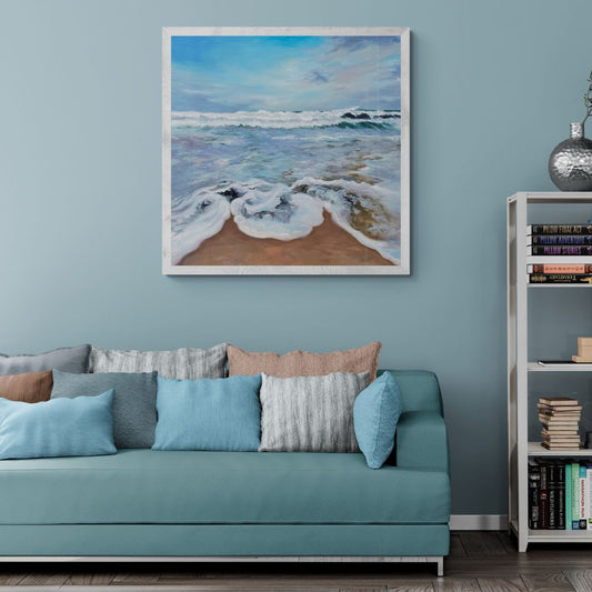 Hand-painted seascape capturing the frothy energy of Cornwall’s coast. Expressive brushstrokes in soft, light-filled tones create a soothing, heartfelt scene.