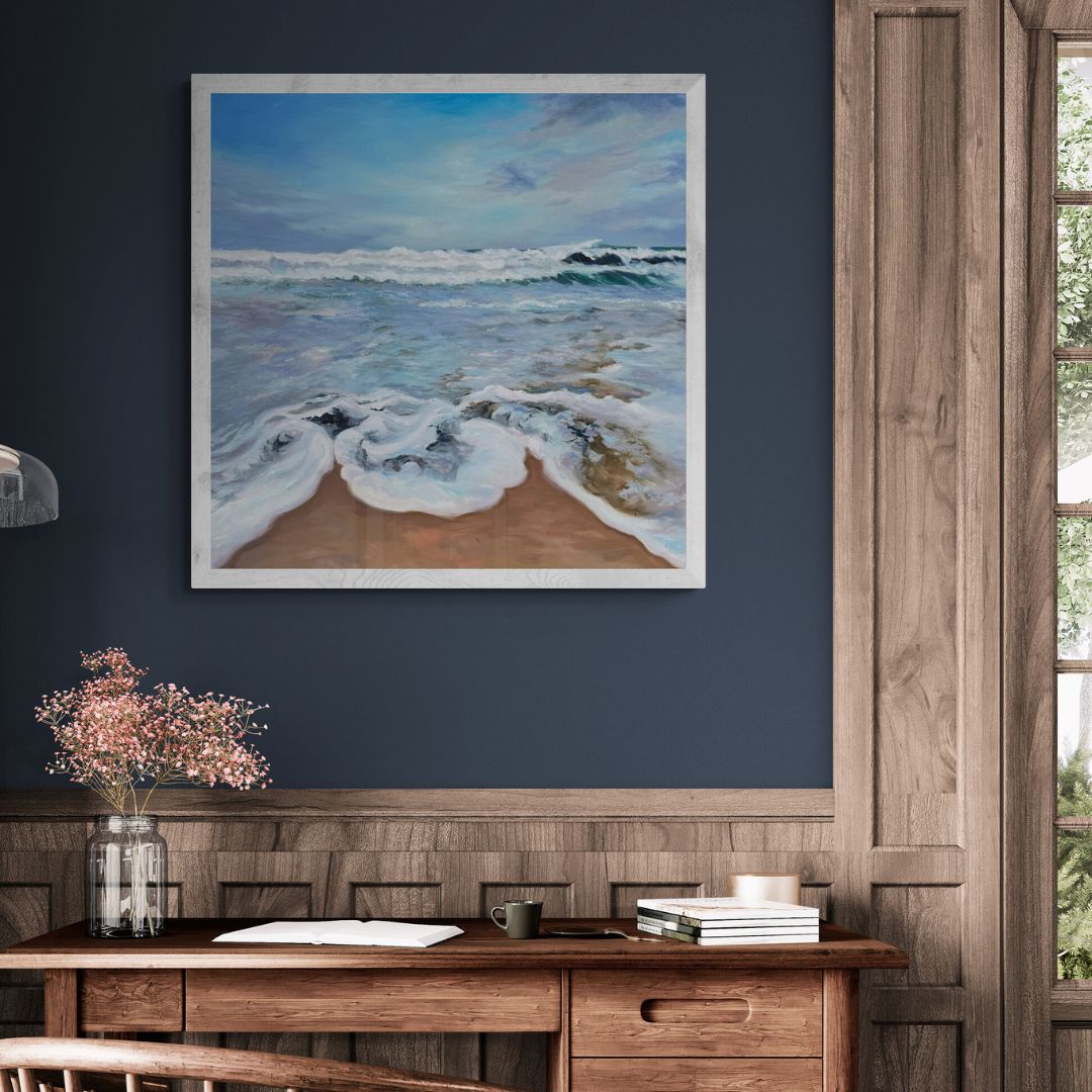 Original oil painting of frothy sea waves washing onto golden sand at Porthminster Beach in St Ives, Cornwall. Soft blues, whites, and pastels evoke a sense of calm, nostalgia, and gentle renewal.


