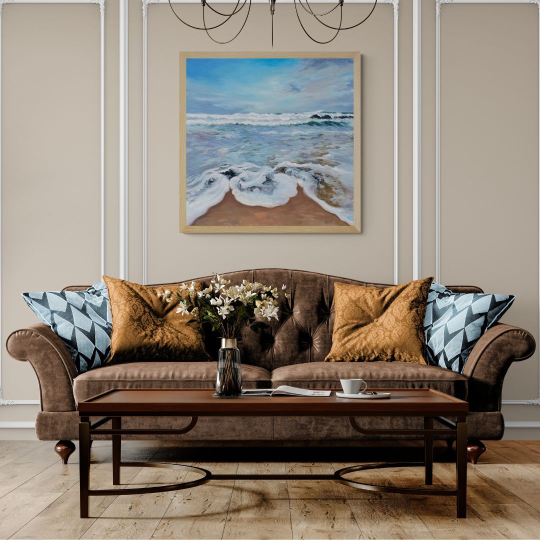 Frothy seas art print in natural wood frame option