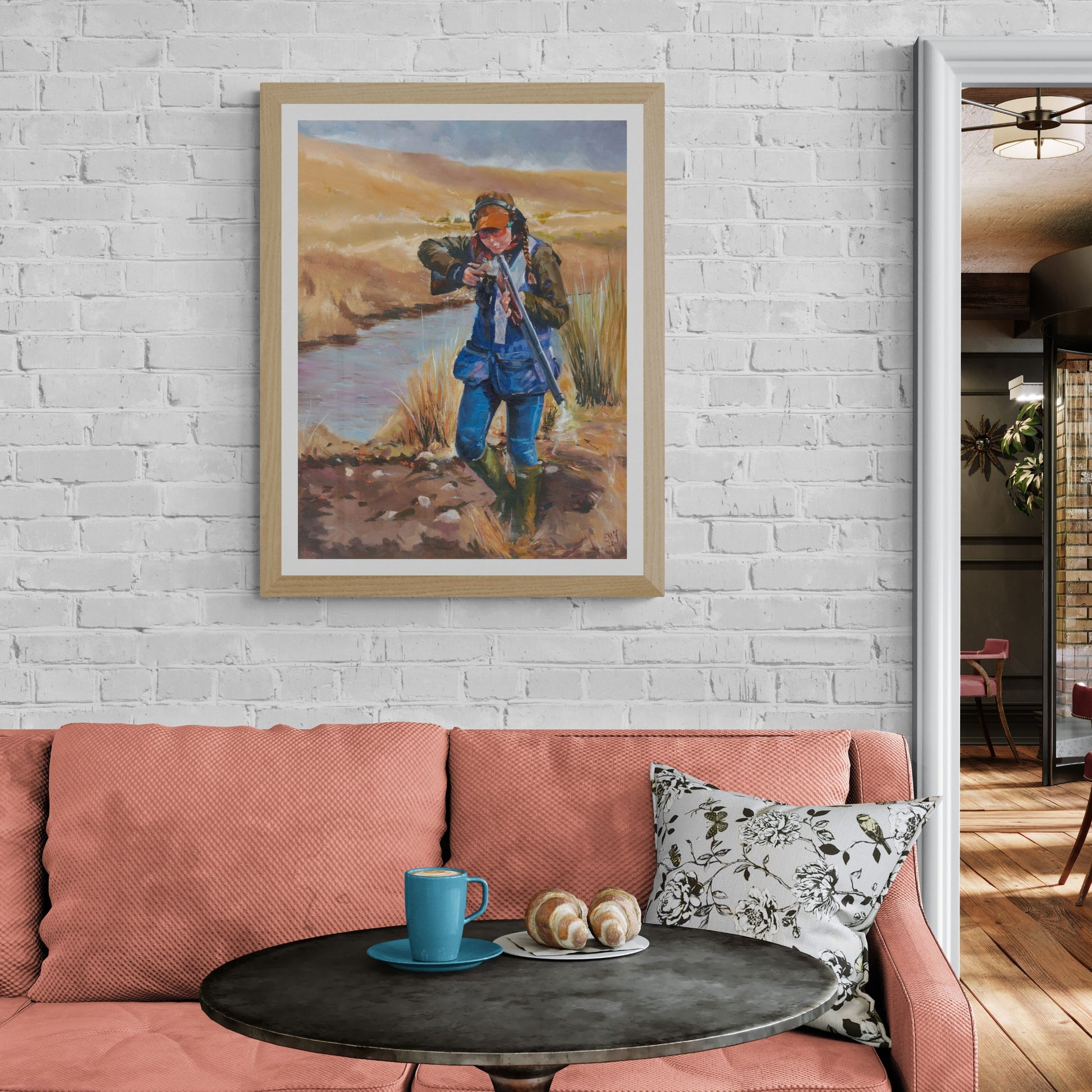 Women's clay pigeon shoot Fine Art Print in natural frame option - lorrainefield