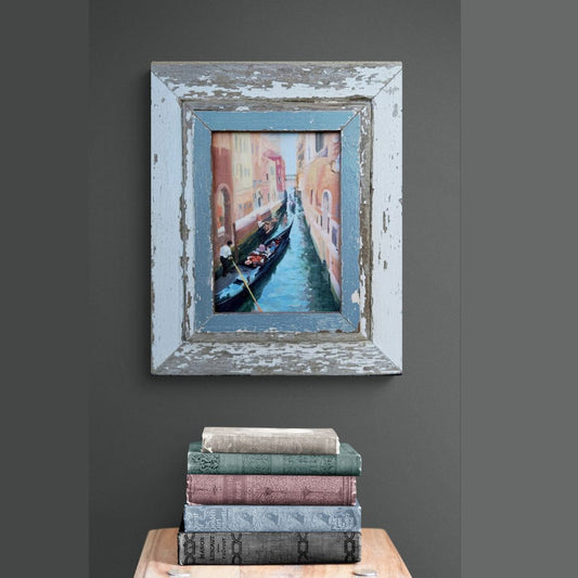Gliding Through Time Small oil painting of Venice framed in upcycled wooden frame.