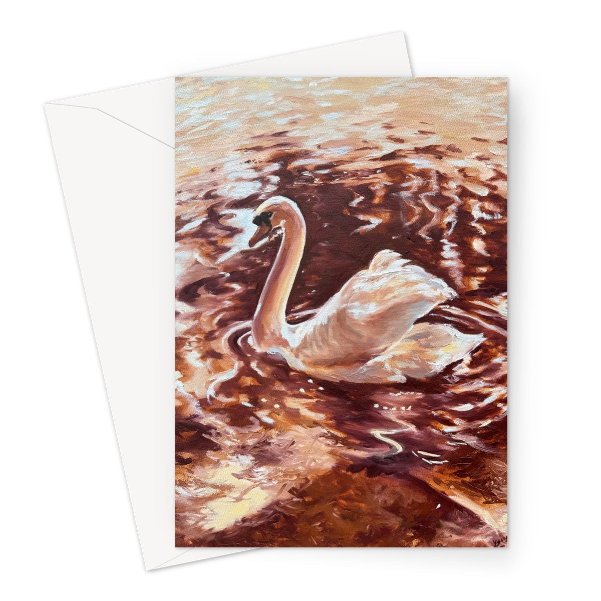 Front view of greetings card featuring Swan in Stratford painting by Lorraine Field