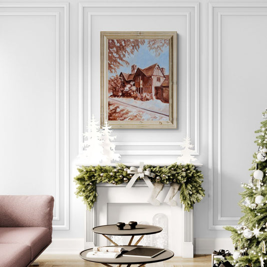 Original painting of Hall's Croft in suggested frame in Christmas themed room