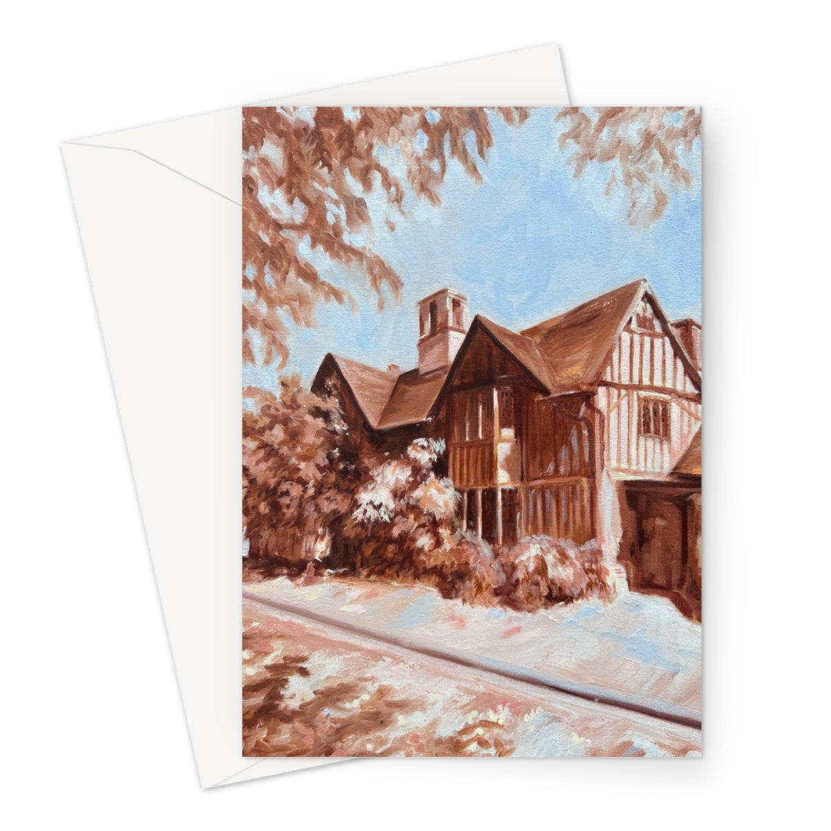 Greeting card with a painting of a Shakespeare's Daughter's house, Hall's Croft and trees on a white background