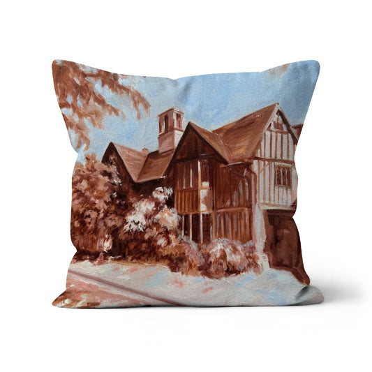Decorative cushion with a print of Hall's Croft a Shakespeare house in Stratford-Upon-Avon