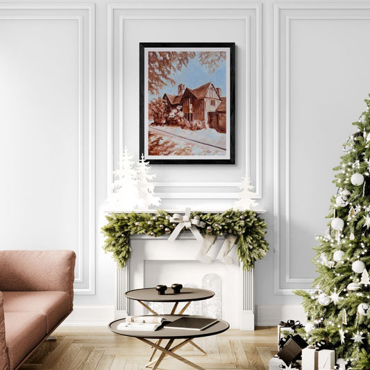 Living room with a Christmas tree, sofa, and framed Hall's Croft artwork on a white wall.
