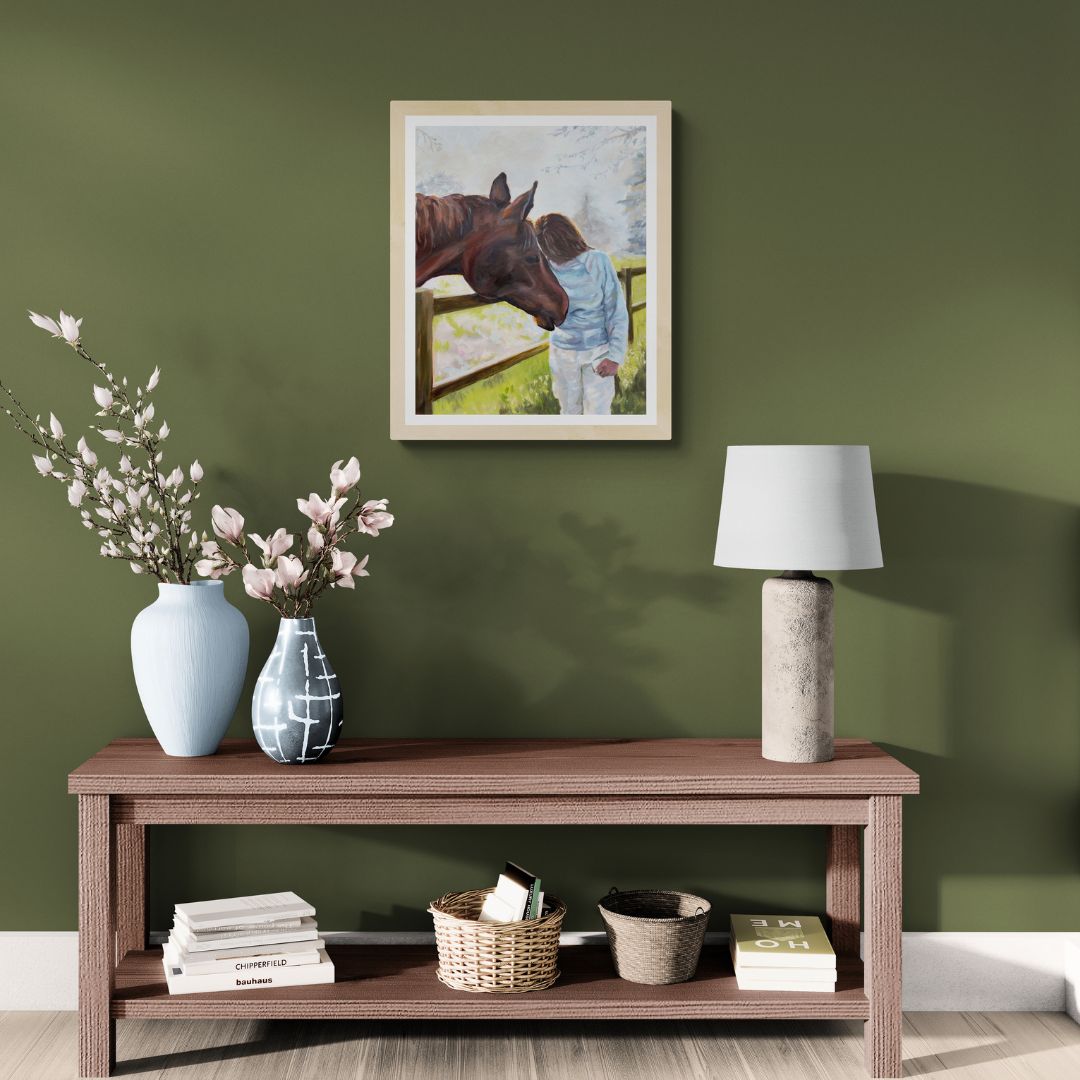 Horse loving woman fine art Print on deep green wall