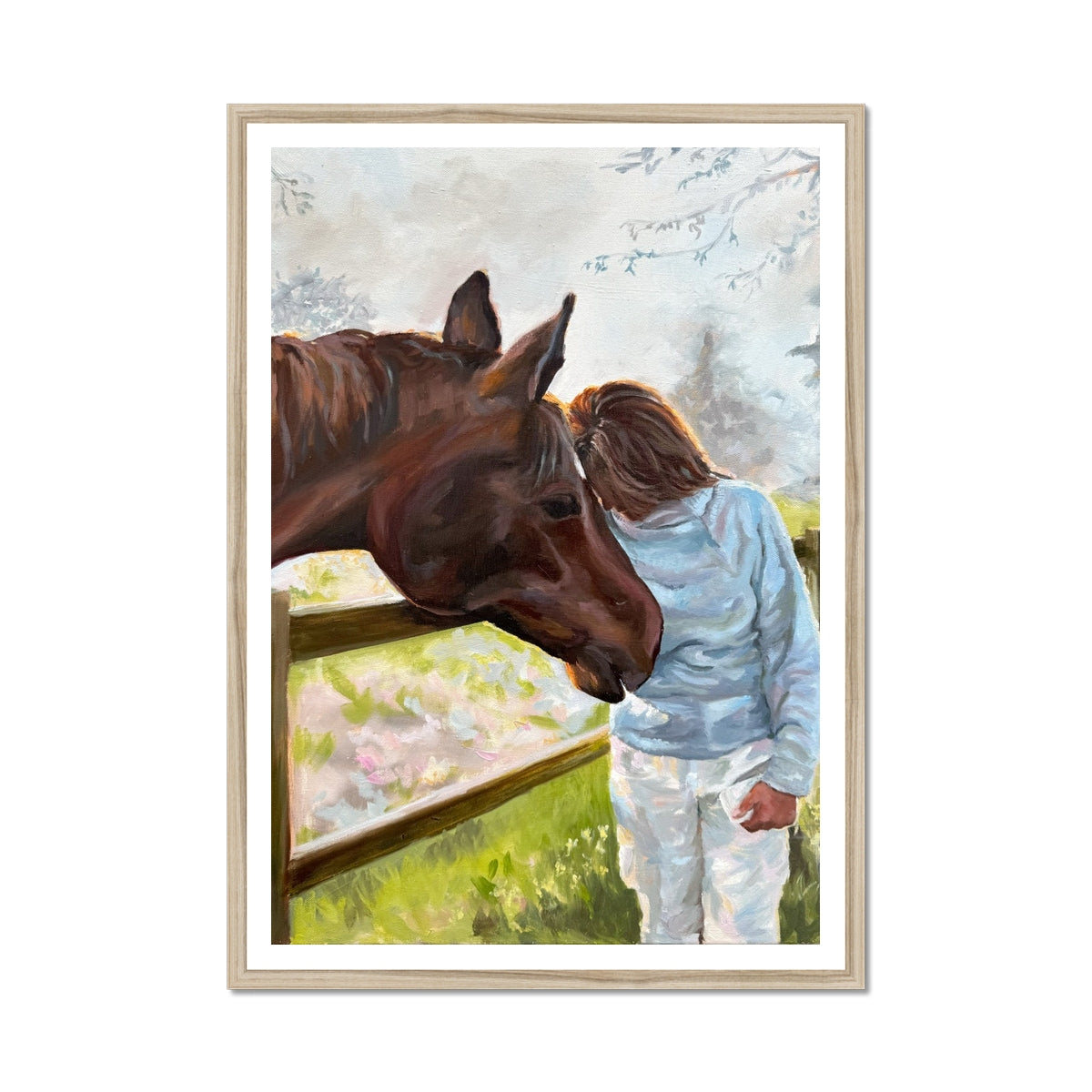 Framed horse print with horse and person standing together head-to-head outdoors.